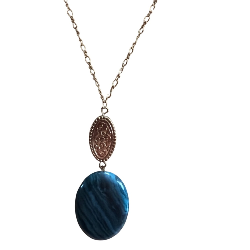 Gold Tone Marbled Blue Oval Stone Filigree Pendant Necklace Layering